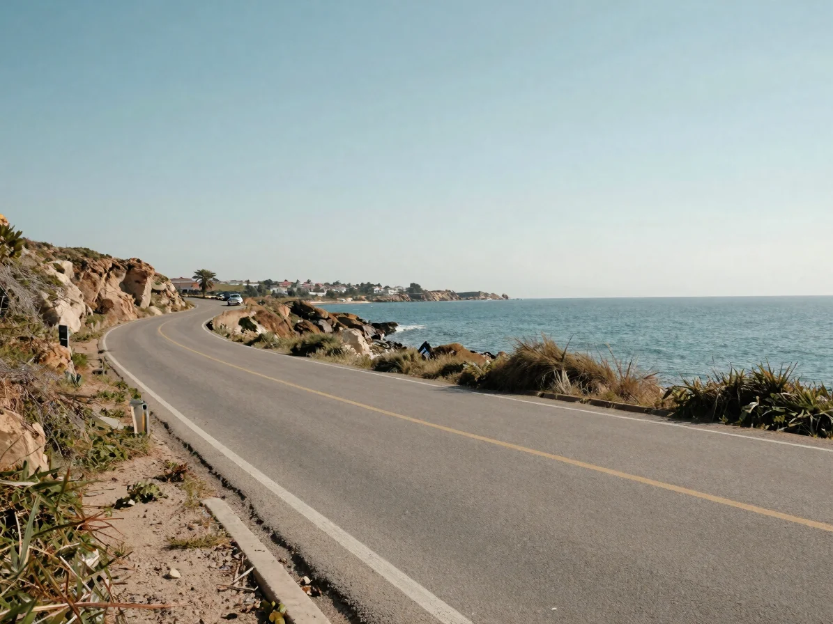 Editorial travel photography, soft natural daylight, a quiet coastline with a road curving along the shore, 35mm lens, c