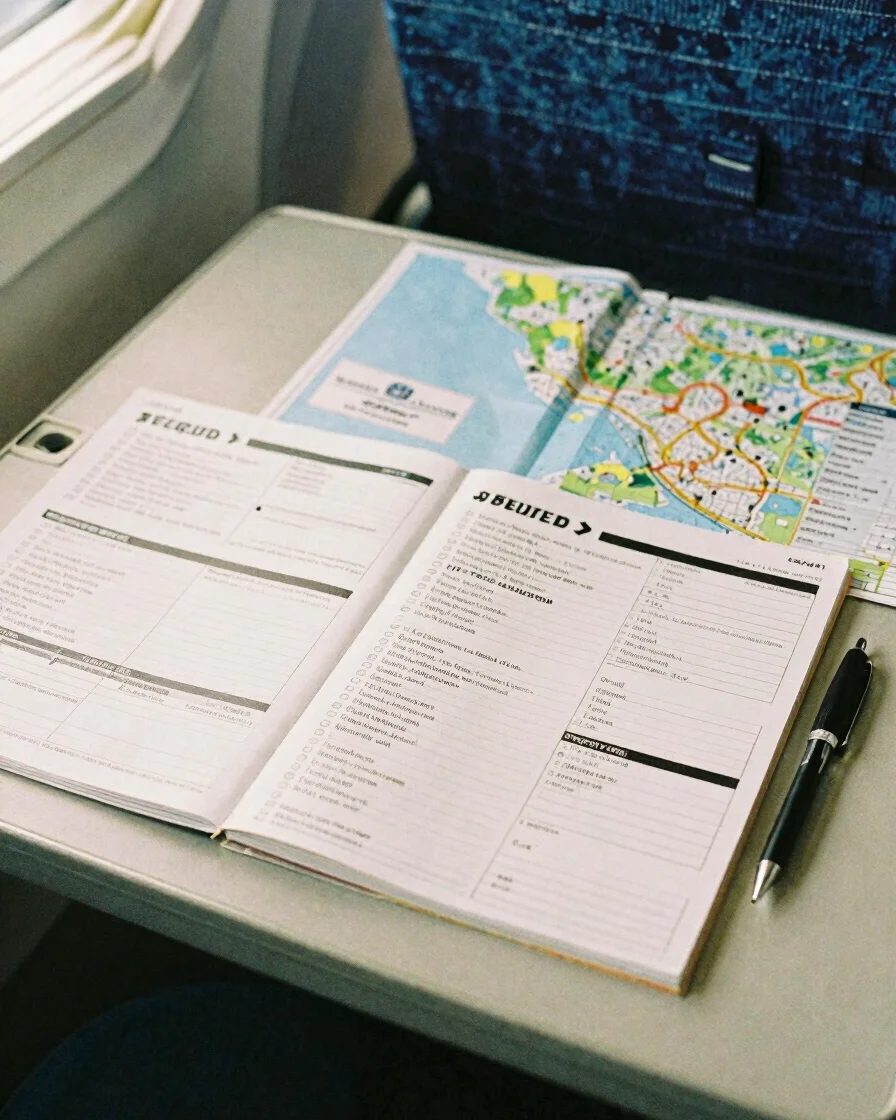 Editorial travel photograph of a neatly arranged travel planning desk with printed itineraries, a pen, and a map in soft